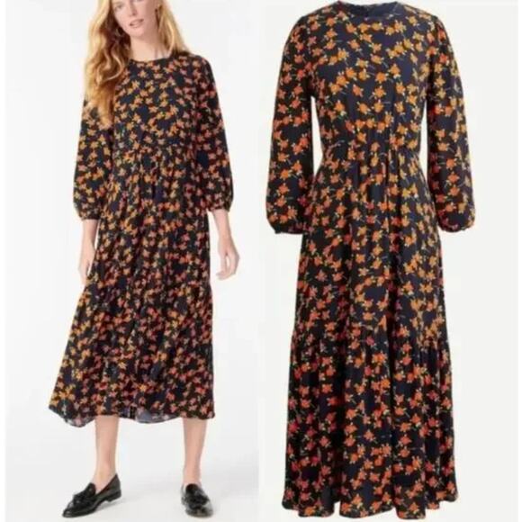 J.CREW Navy Blue Poppy Fields Flowy Tiered Midi Dress Women's Size 8 Midi Flower - Picture 10 of 10